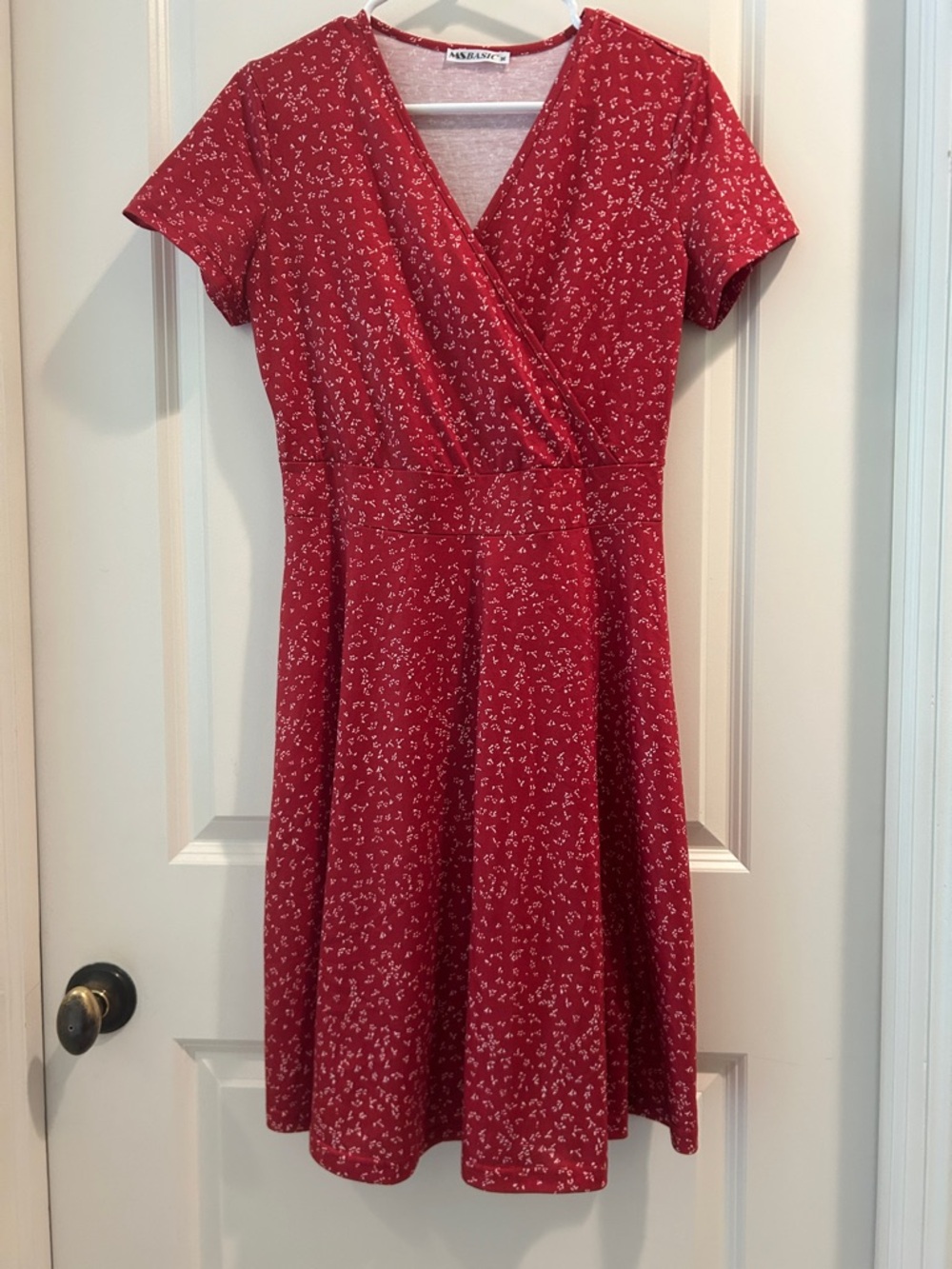 MS Basic Red Short-Sleeve print Midi Wrap stretchy pullOn Dress women’s size M